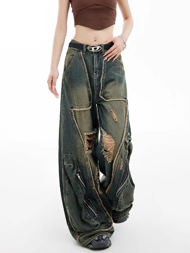 Grunge Zipper Wide-Leg Jeans