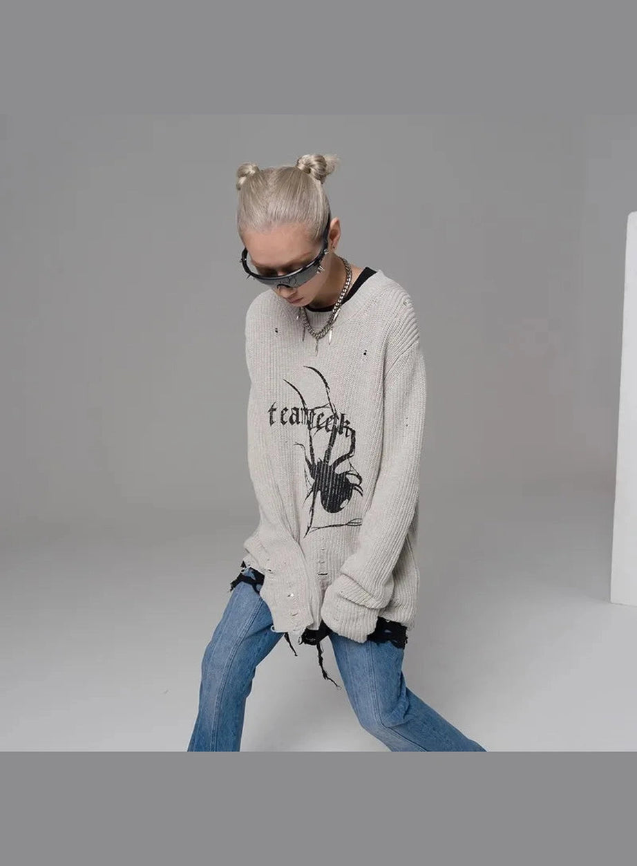 Distressed Spider Graphic Sweater