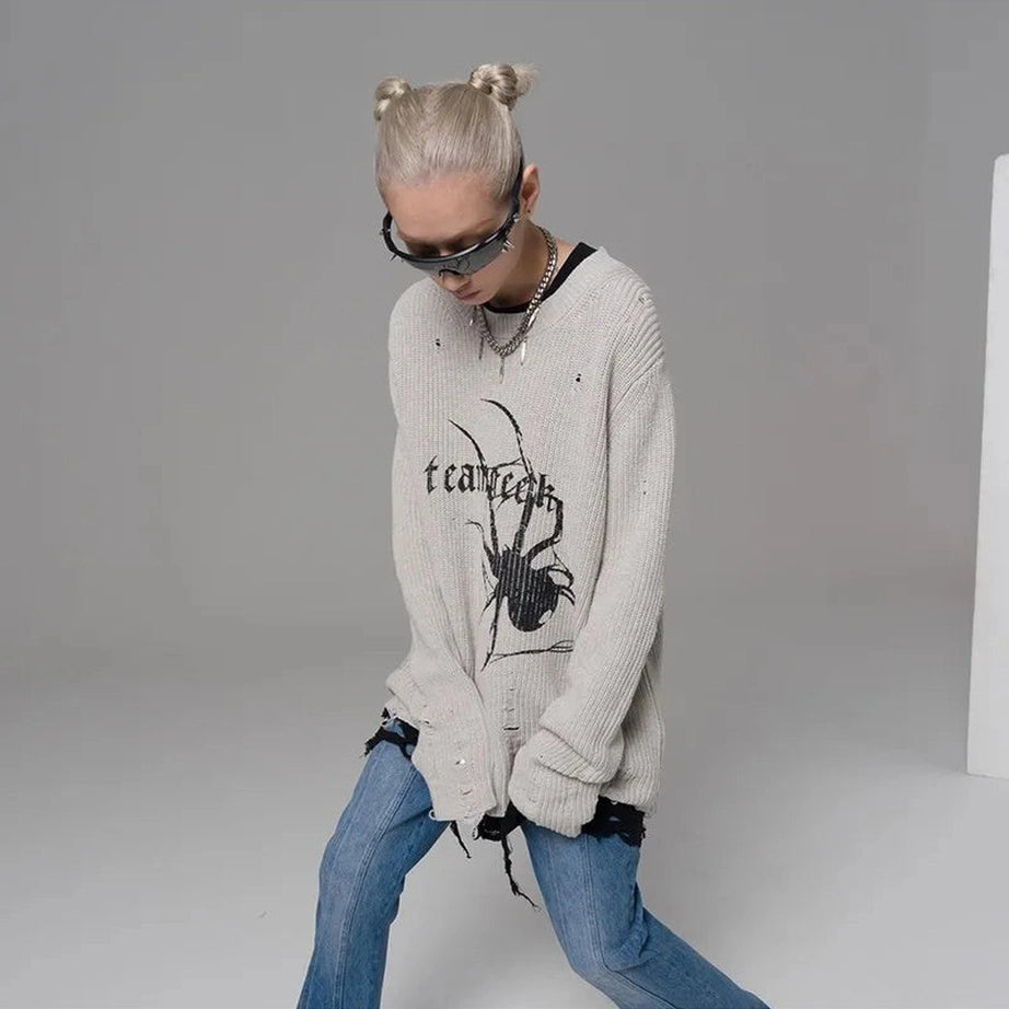 Distressed Spider Graphic Sweater