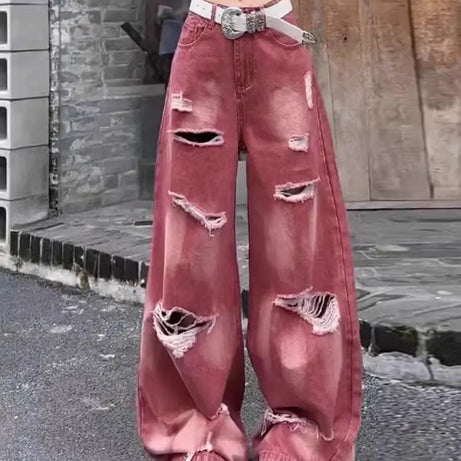 Retro Rose Distressed Baggy Jeans