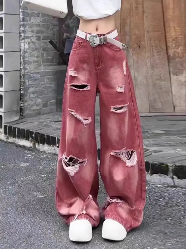 Retro Rose Distressed Baggy Jeans