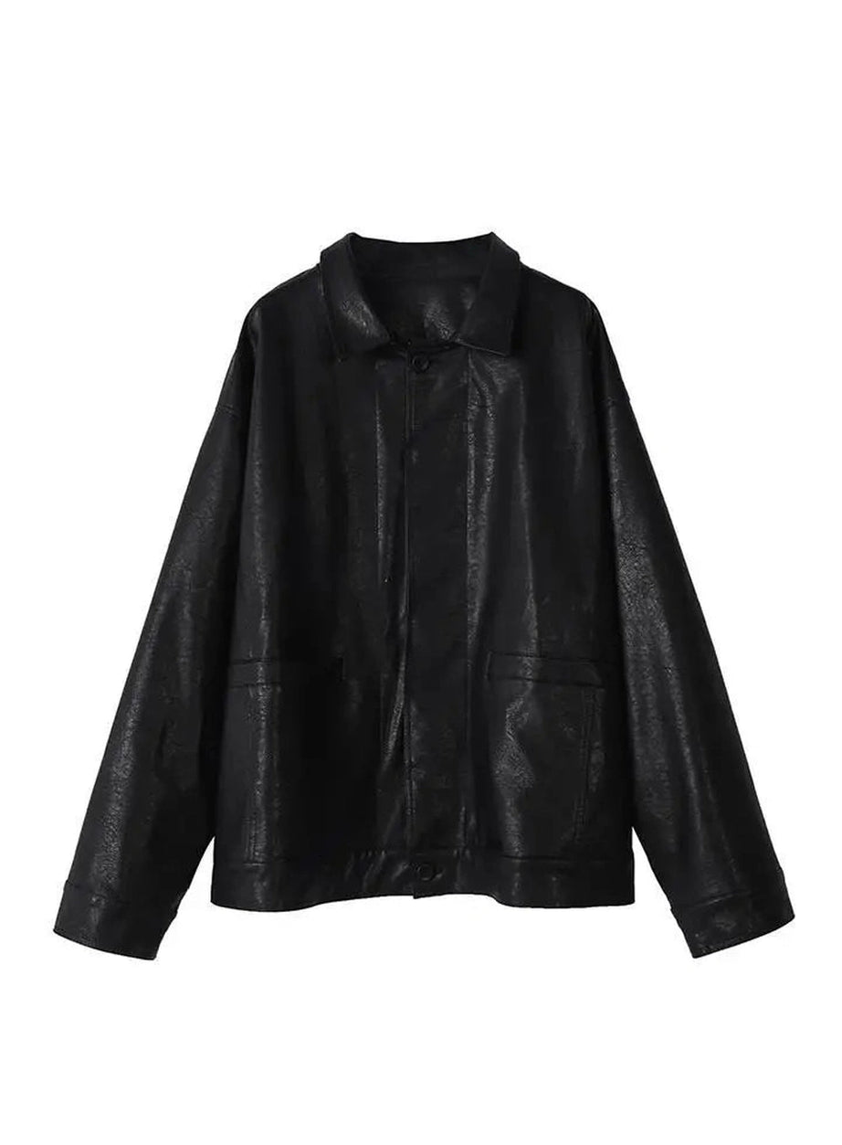 Oversized Black Leather Shirt Jacket