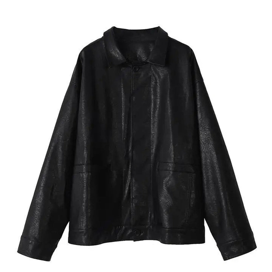 Oversized Black Leather Shirt Jacket