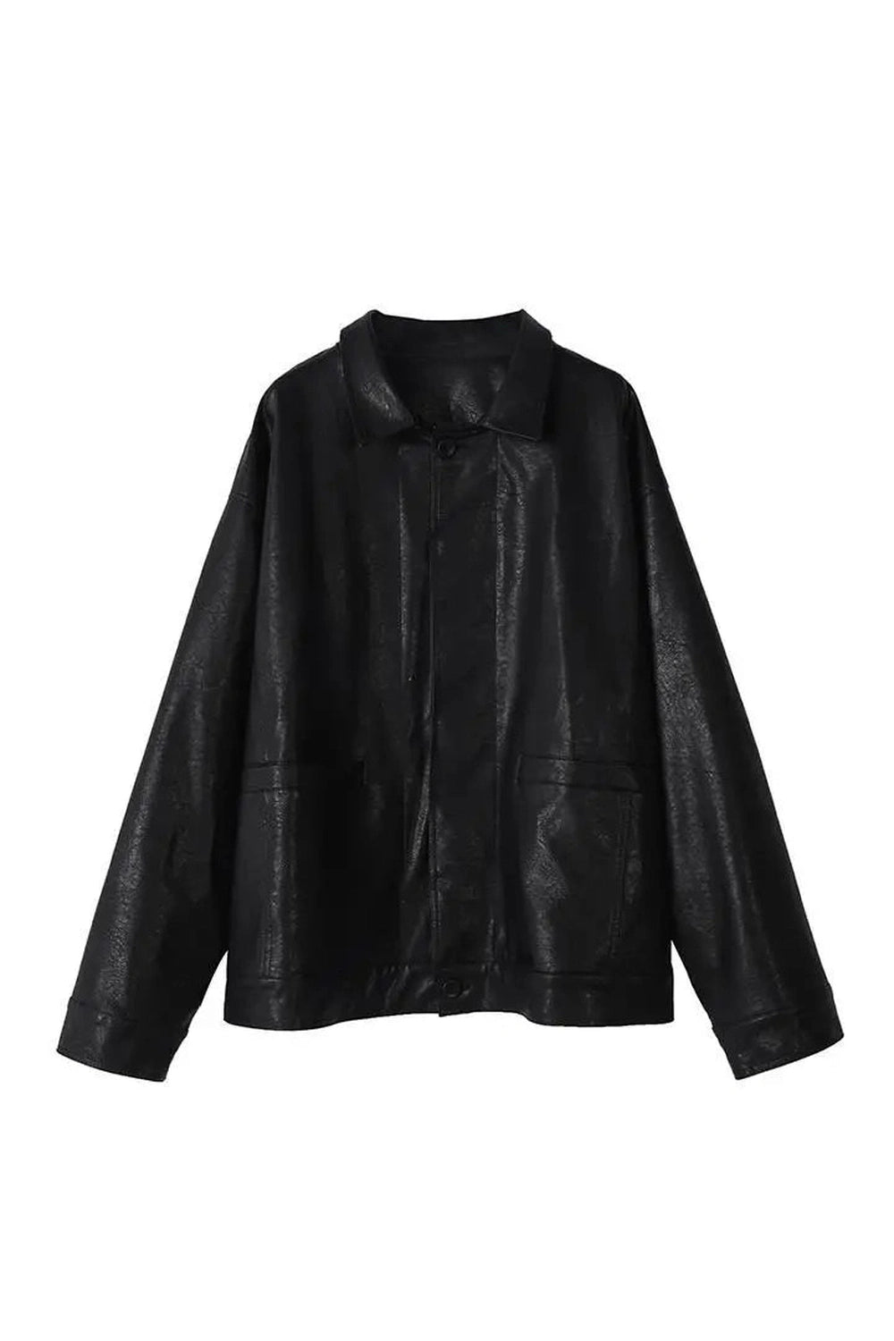 Oversized Black Leather Shirt Jacket