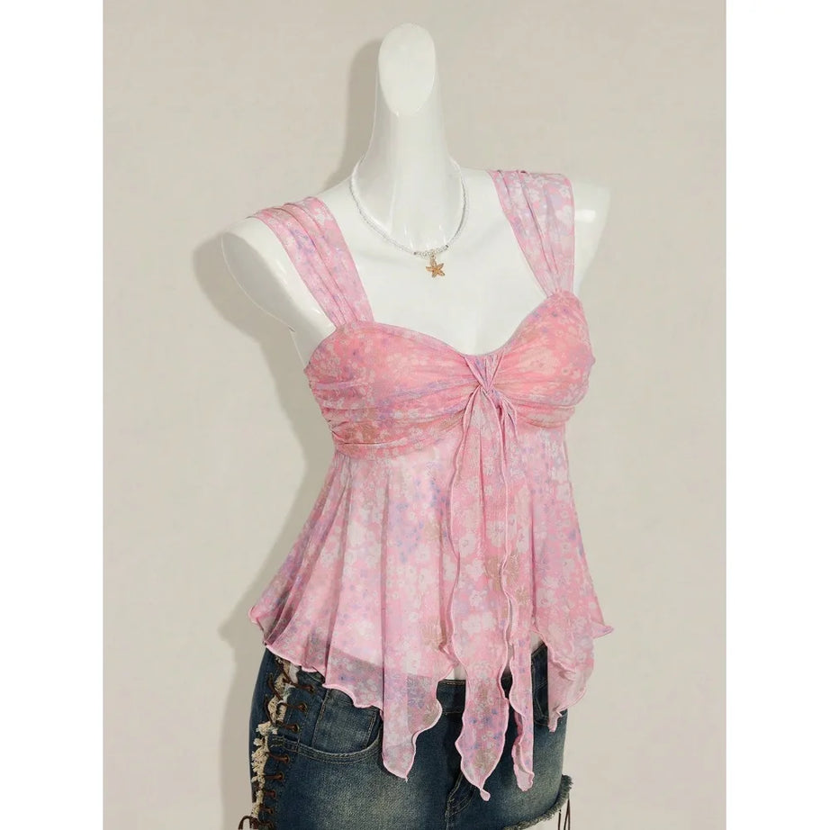 Y2K Floral Mesh Ruched Tie-Front Top