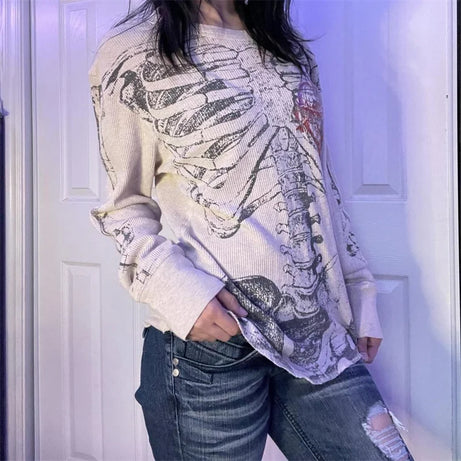 Skeleton Print Waffle Knit Top