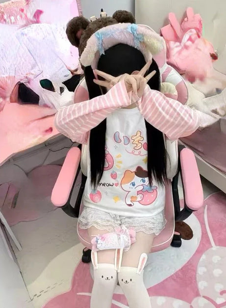 Japanisches Patchwork Rosa Streifen Casual T-Shirt Herbst Cartoon Druck Harajuku Tops Grunge Kawaii Niedlich Y2k Ästhetische T-Shirts