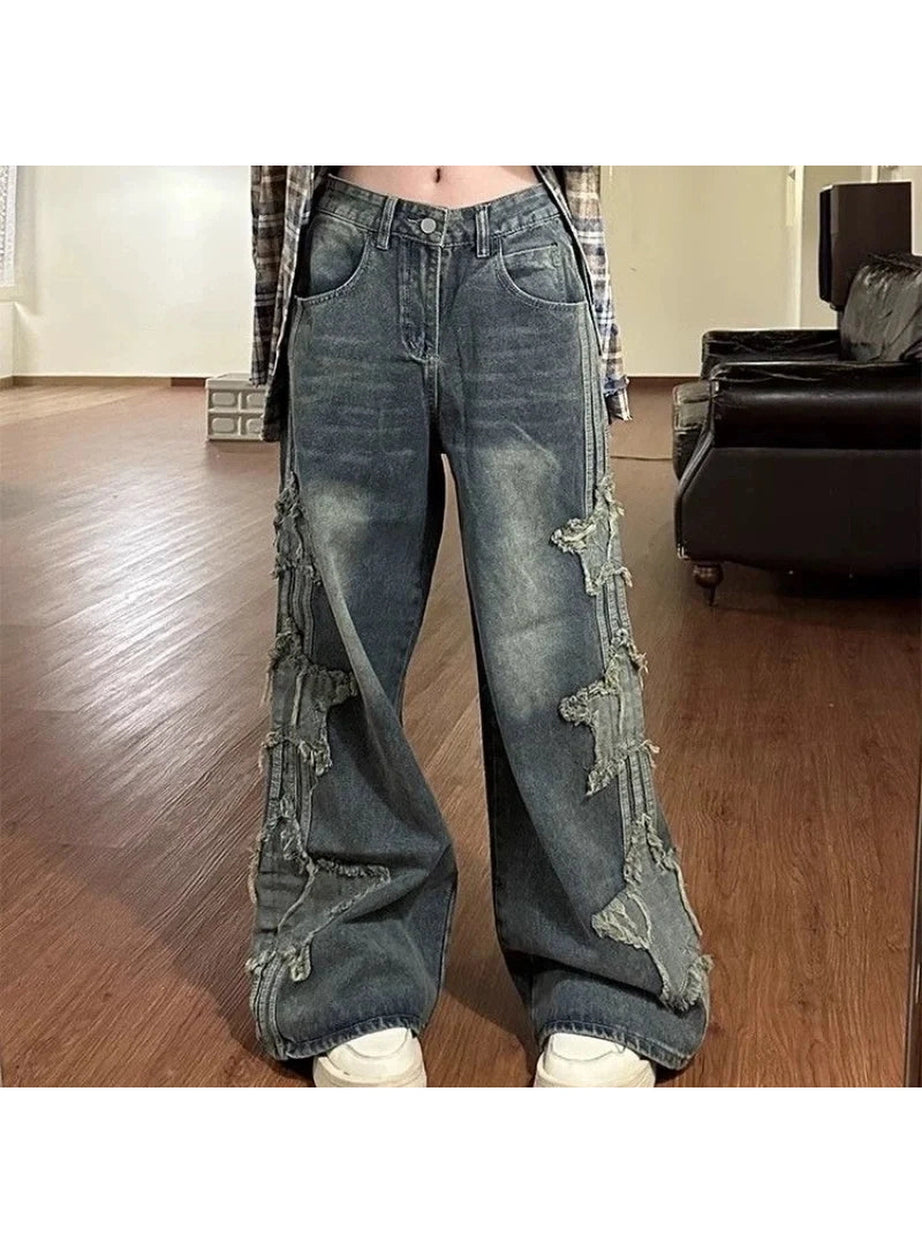 Y2k Shredded Grunge Wide-Leg Jeans