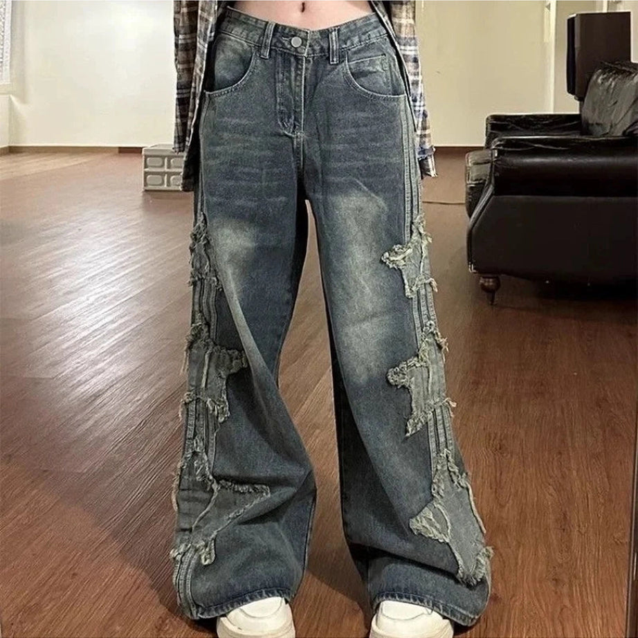 Y2k Shredded Grunge Wide-Leg Jeans