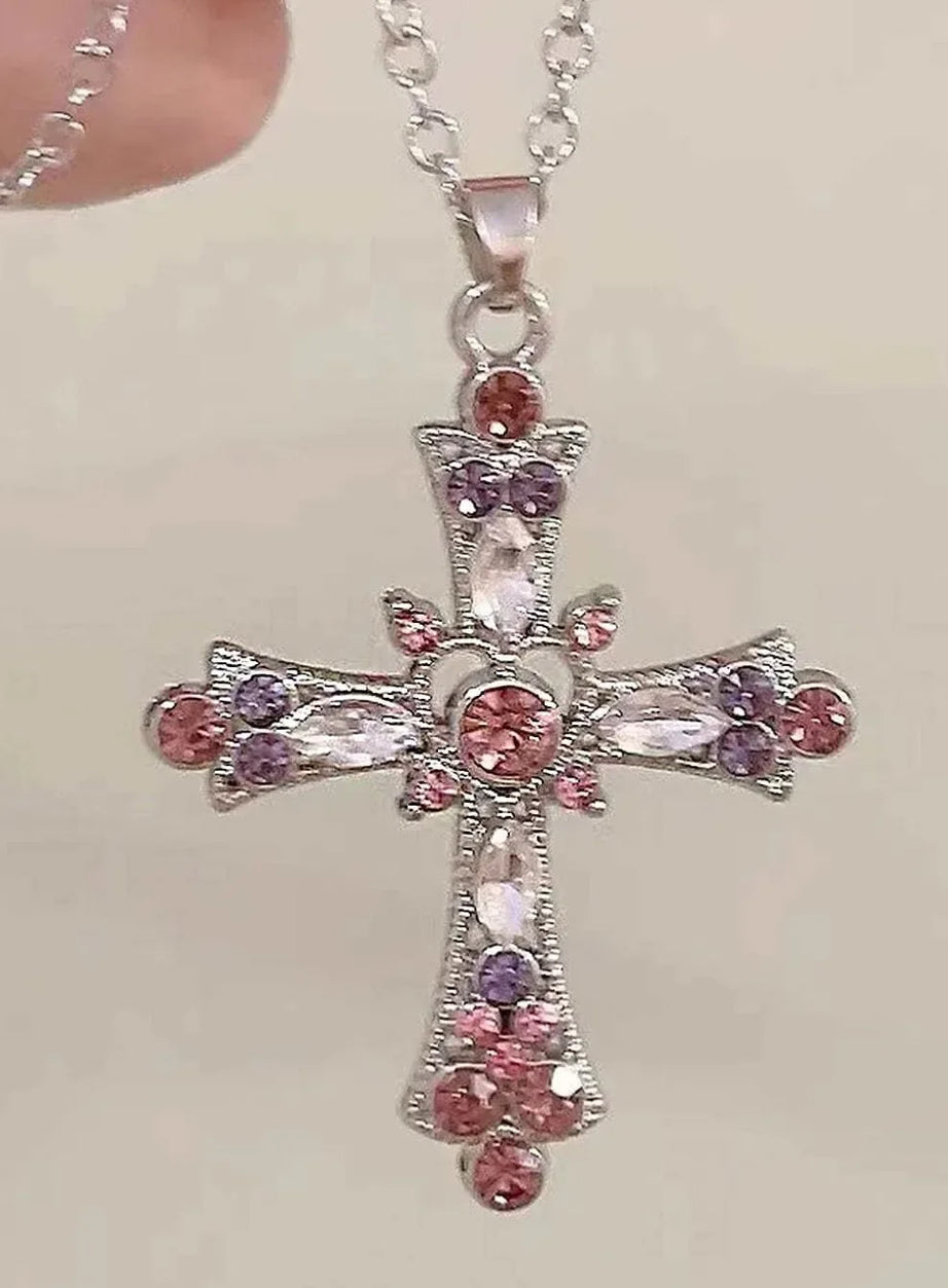 Crystal Rose Gothic Cross Necklace