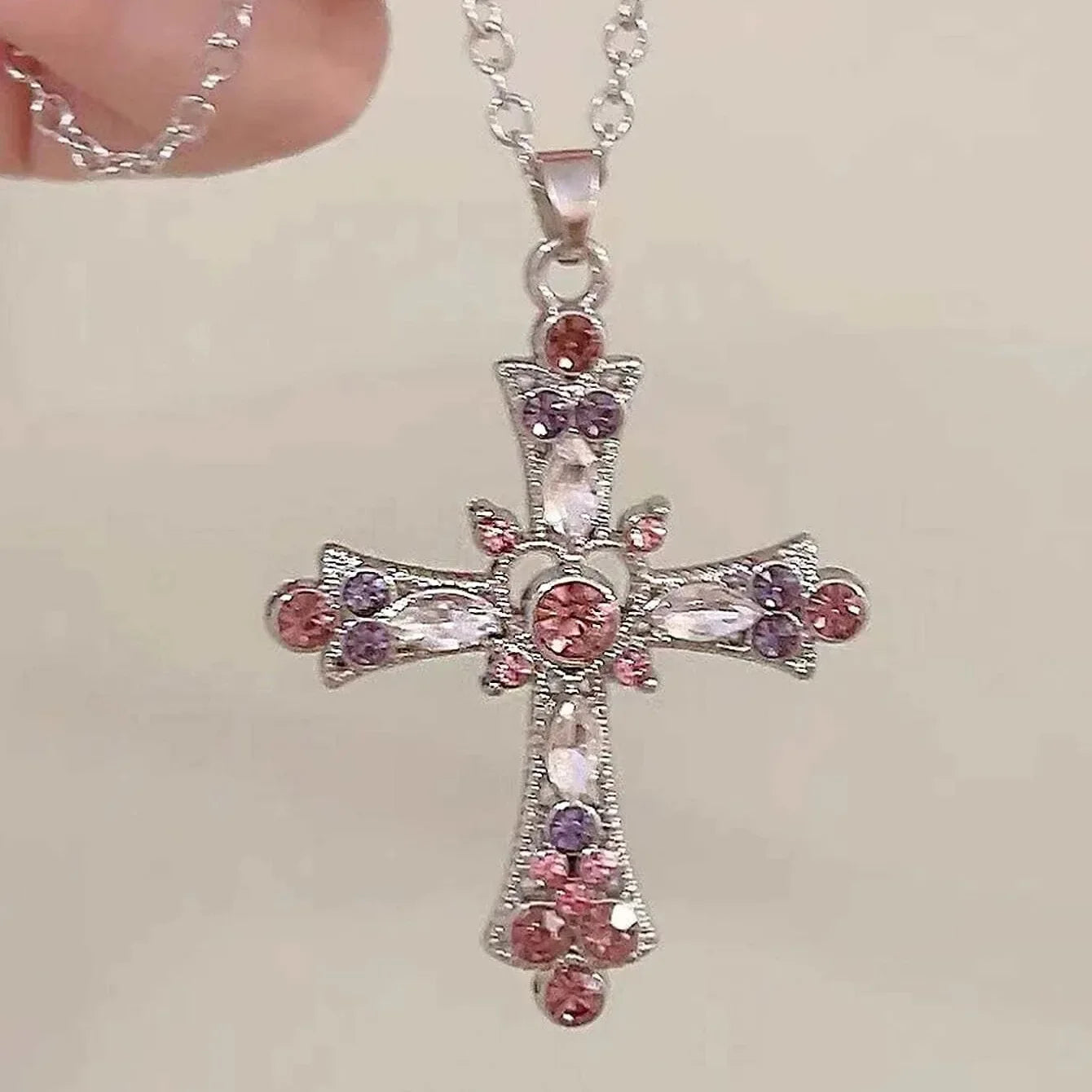 Crystal Rose Gothic Cross Necklace
