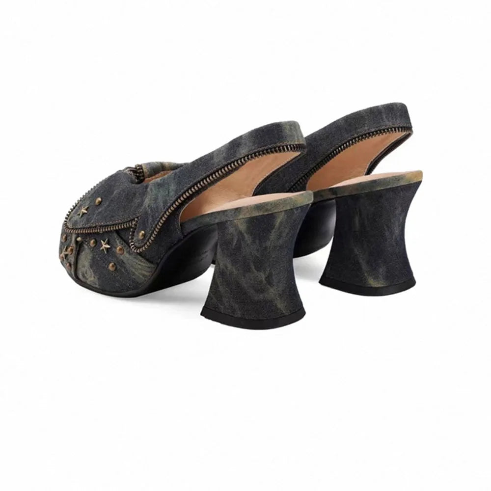 Y2K Distressed Denim Star Rivet Slingback Chunky Heel Sandal