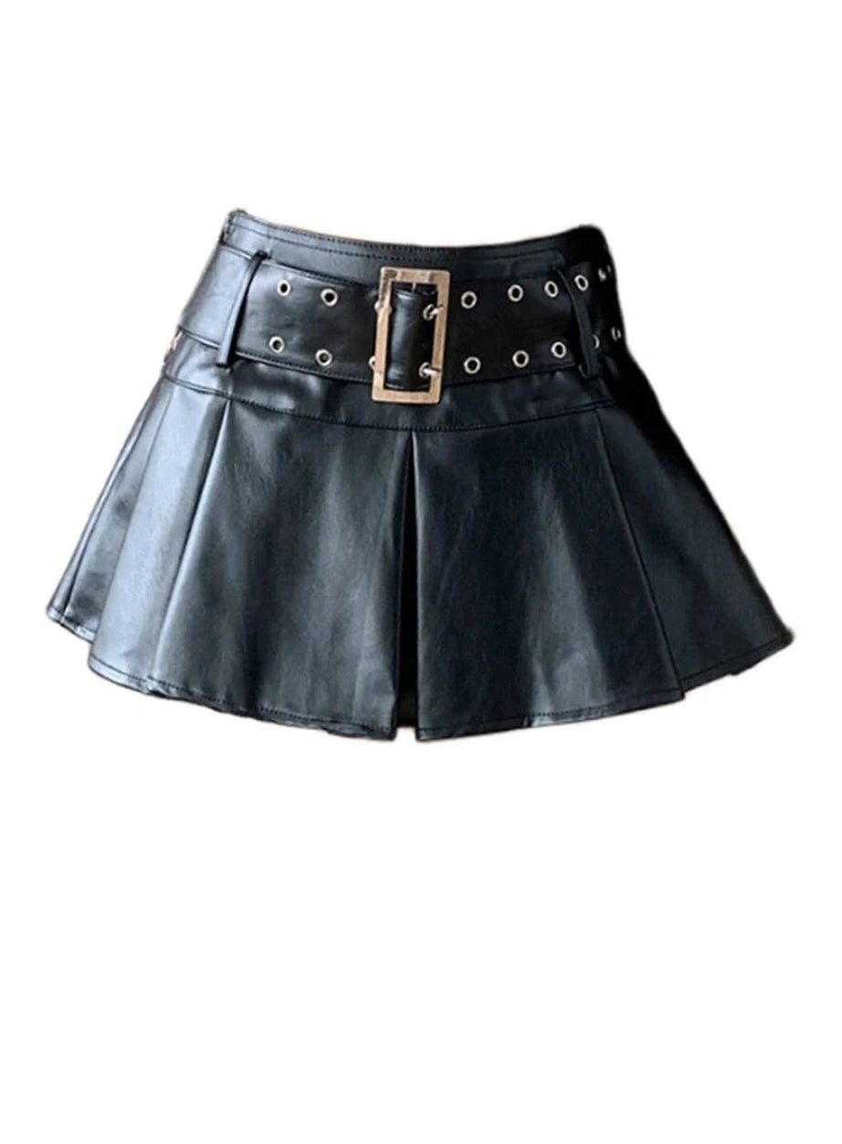 Black Belted Pleated Mini Skirt