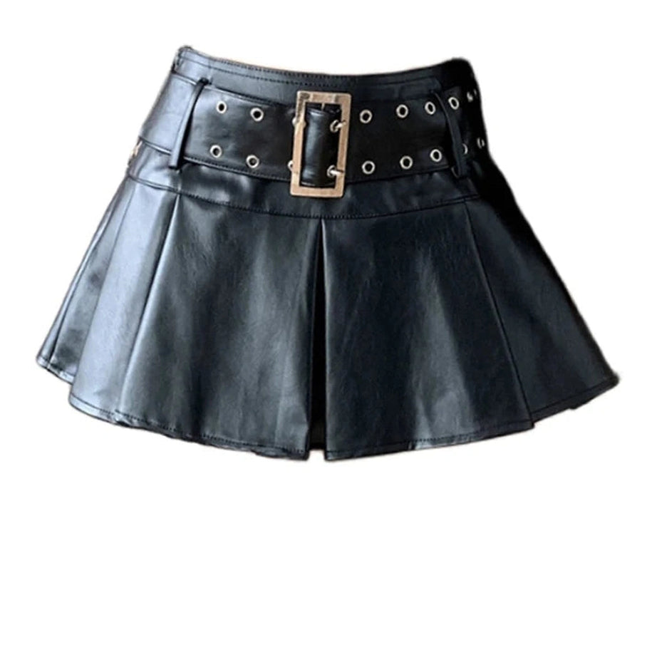 Black Belted Pleated Mini Skirt