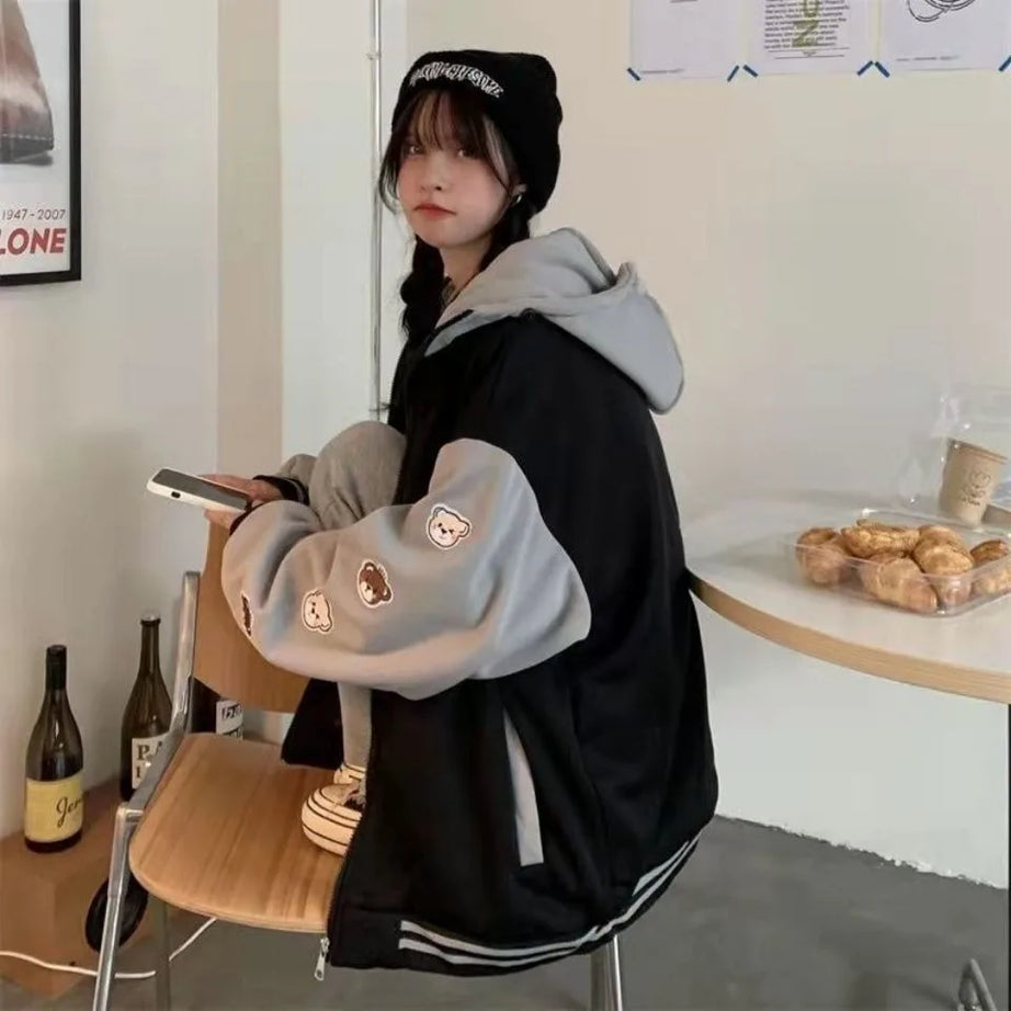 Bear Patch Oversized Hoodie Jacket