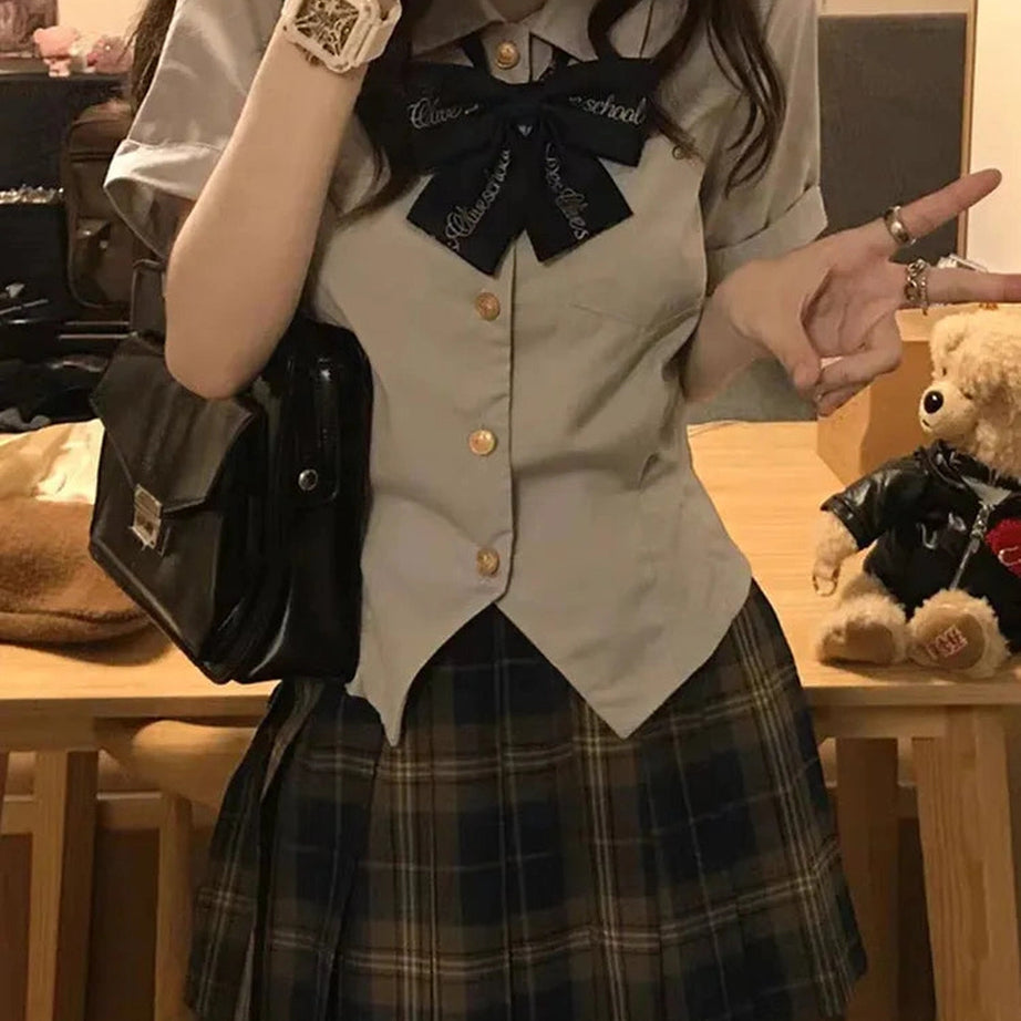 Y2k Japanese Preppy Style High Quality Outfits 2 Piece Set Turn-Down Collar Bow Crop Top + Hight Waist Formal Plaid A-Line Skirt