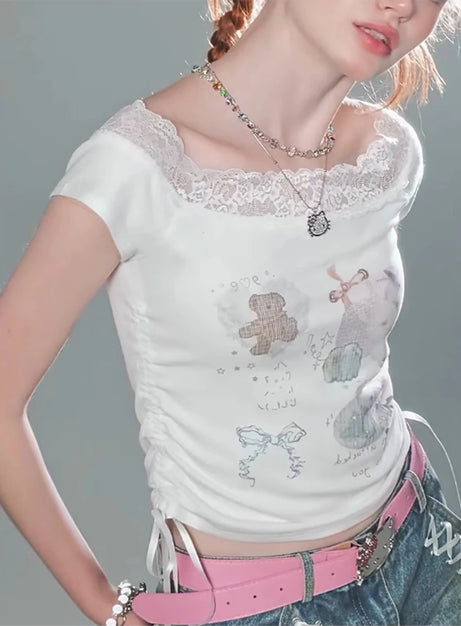 Lace-Trimmed Off-Shoulder Graphic Top