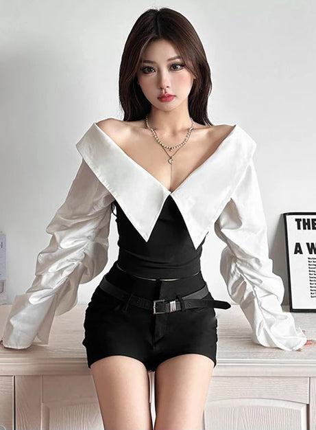 Monochrome Buckled Off-Shoulder Top