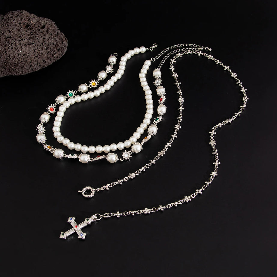 Royal Pearl Cross Layered Necklace