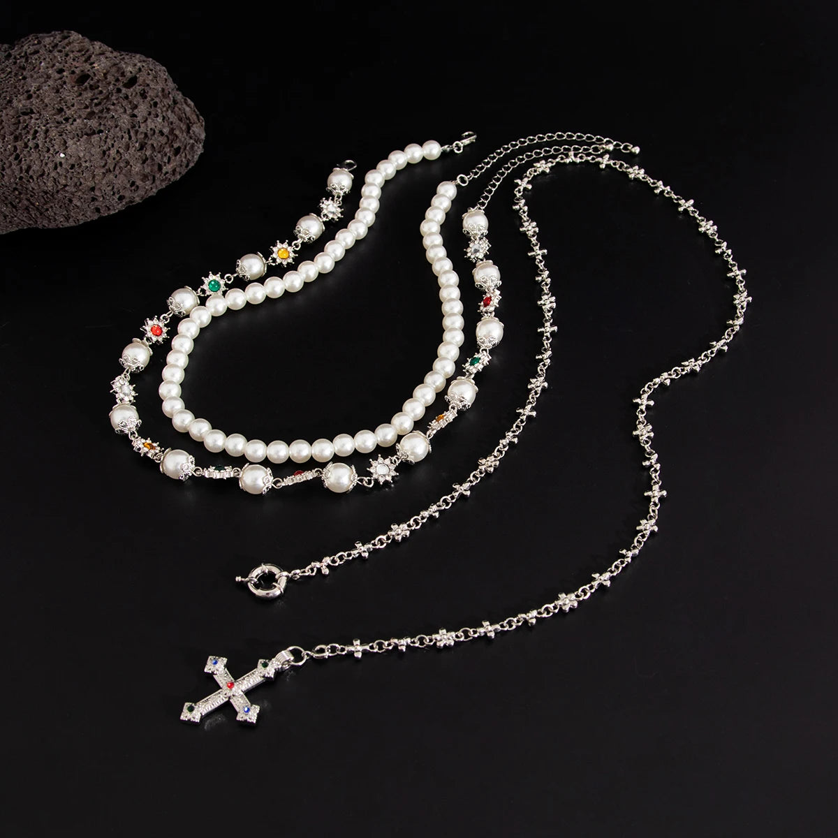 Royal Pearl Cross Layered Necklace