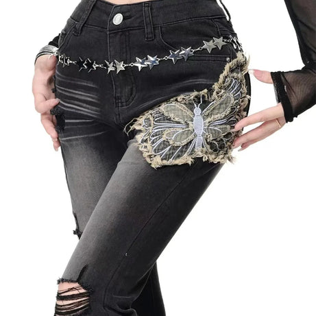 Gothic Butterfly Distressed Flare Jeans