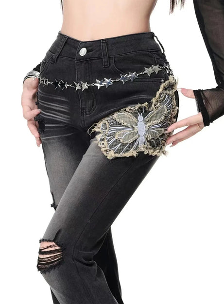 Gothic Butterfly Distressed Flare Jeans