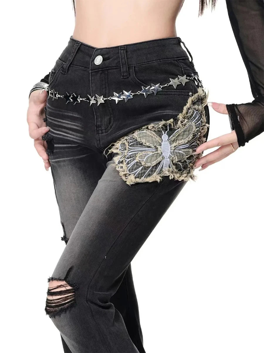 Gothic Butterfly Distressed Flare Jeans