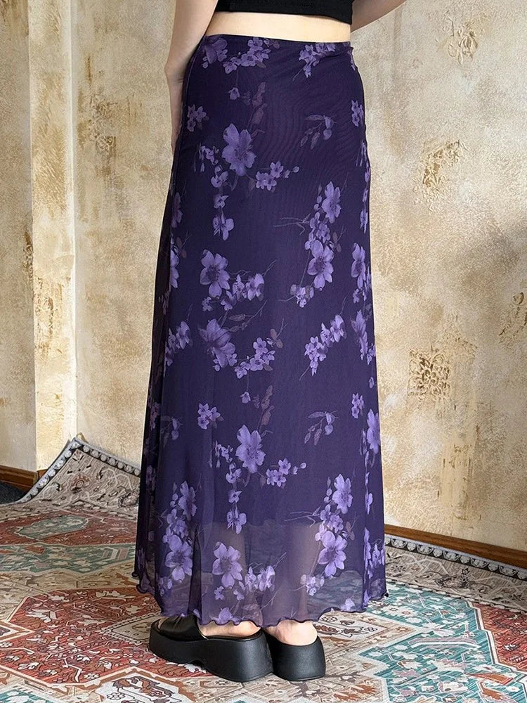 Y2K Violet Bloom Midi Skirt