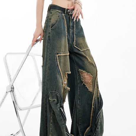 Grunge Zipper Wide-Leg Jeans