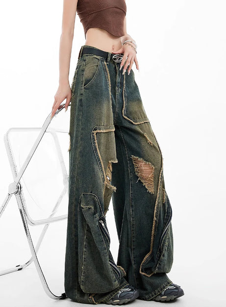 Grunge Zipper Wide-Leg Jeans