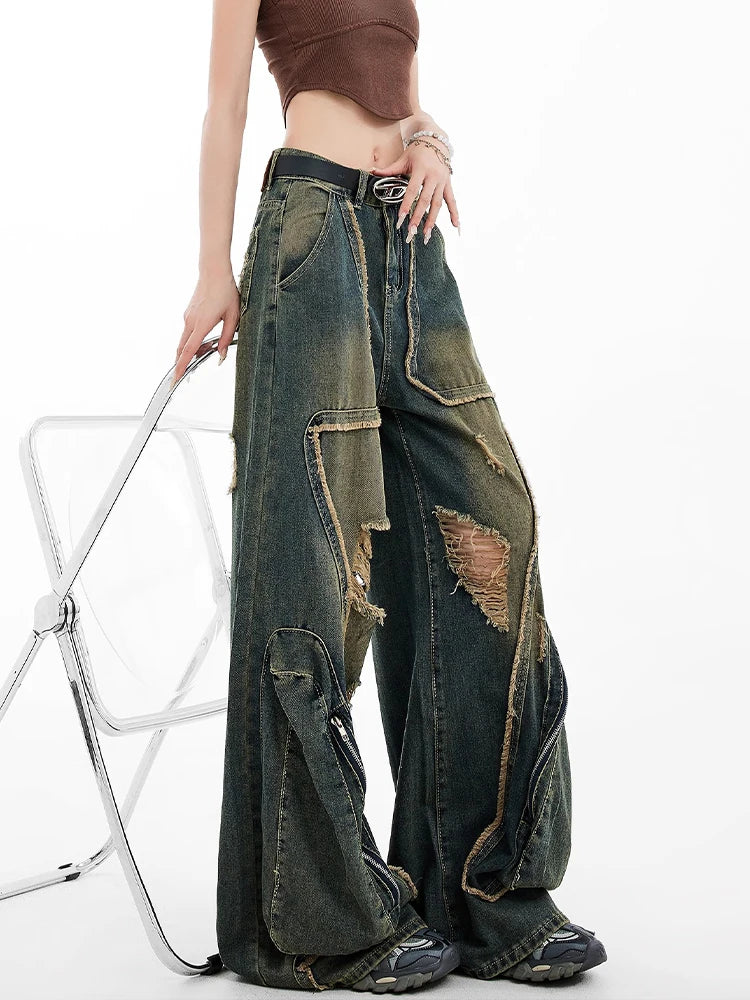 Grunge Zipper Wide-Leg Jeans