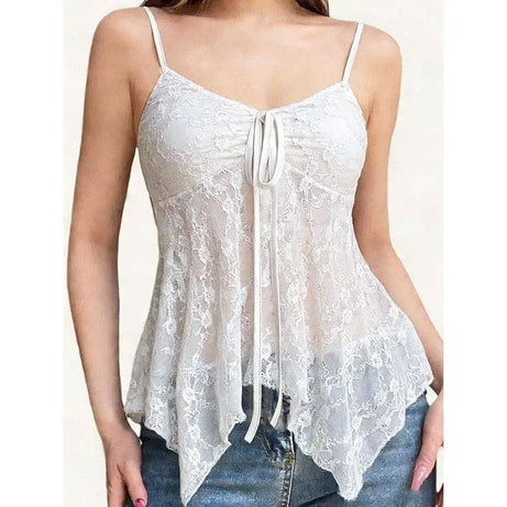 Y2K Sage Lace Tie-Front Cami Top