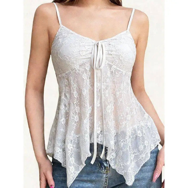 Y2K Sage Lace Tie-Front Cami Top