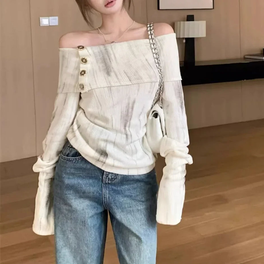 Off-Shoulder Buttoned Knit Top