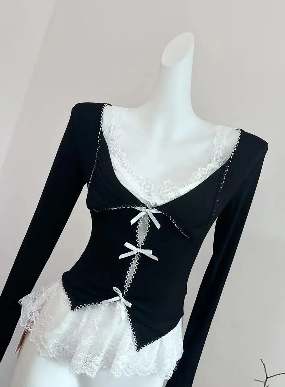 Noir Lace Bow Tie Blouse