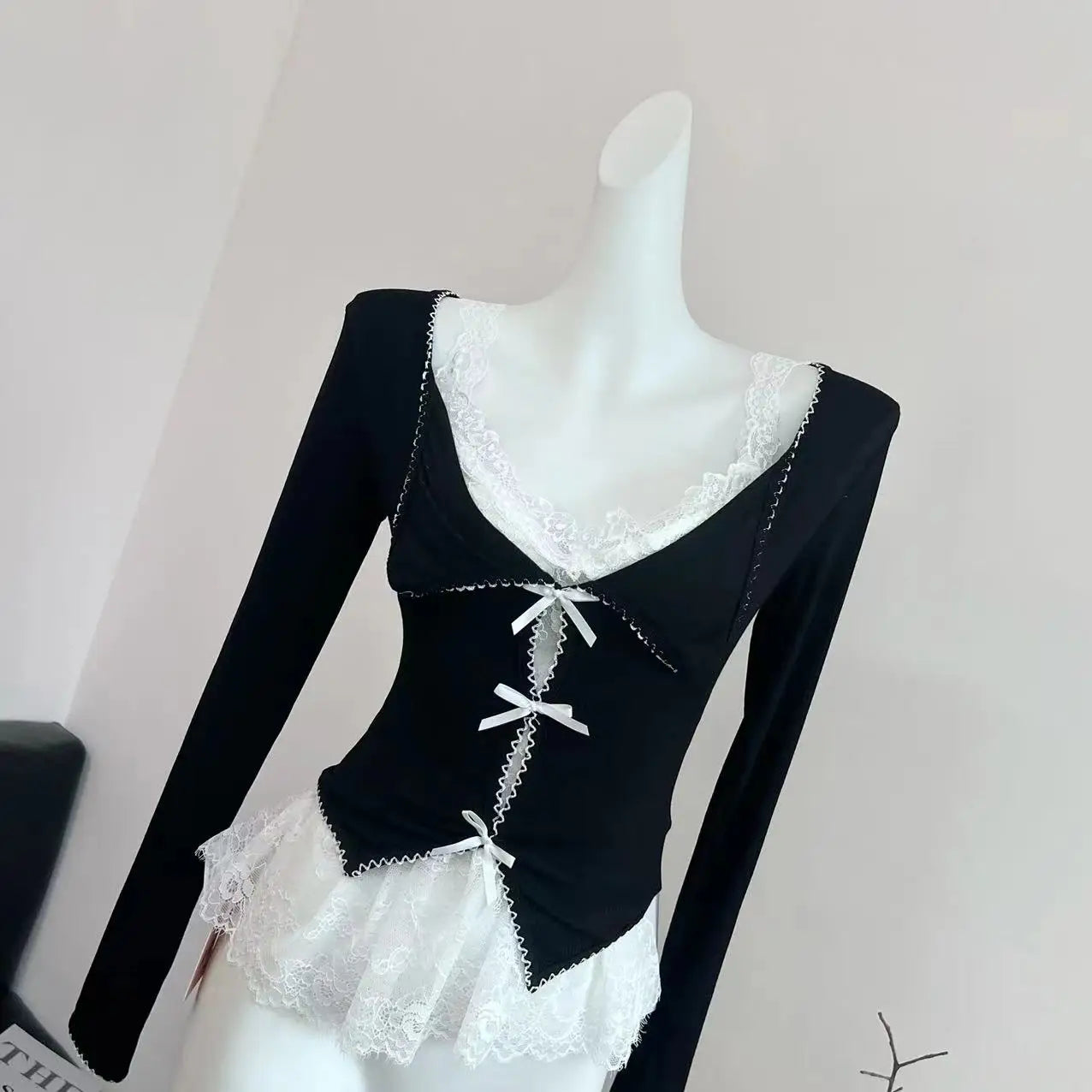 Noir Lace Bow Tie Blouse