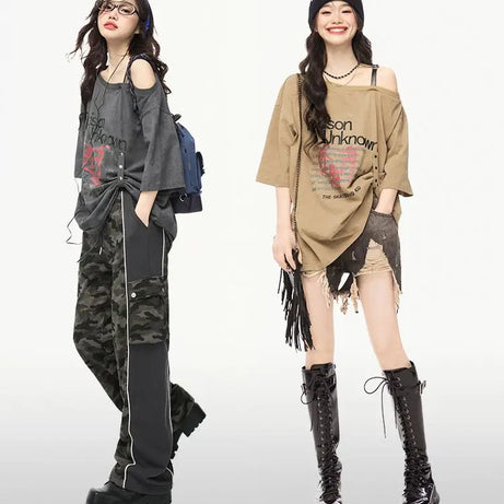 Off-Shoulder Grunge Graphic T-Shirt