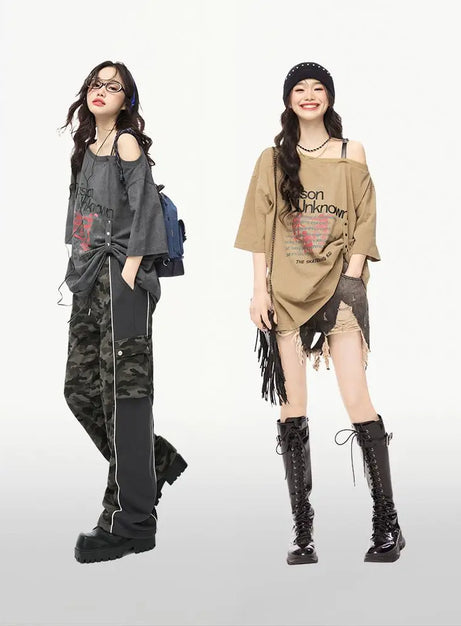 Schulterfreies Grunge-Grafik-T-Shirt