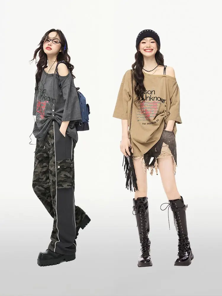 Off-Shoulder Grunge Graphic T-Shirt