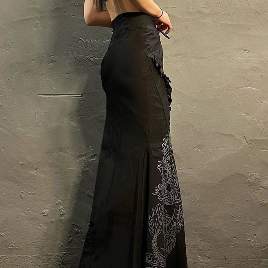 Dragon Embroidered Gothic Maxi Skirt