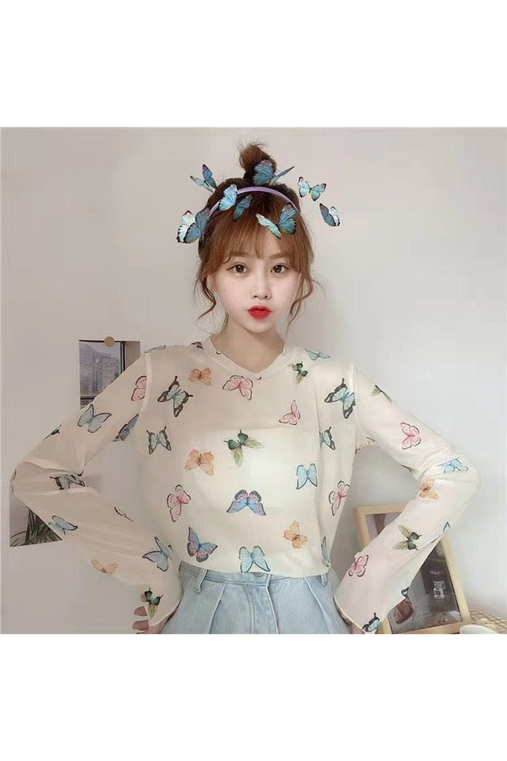 Y2k Aesthetic Butterfly Mesh Crop Top