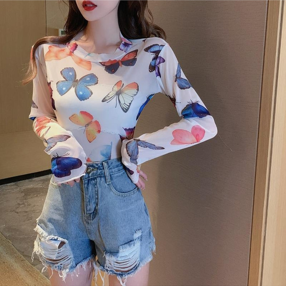 Y2k Aesthetic Butterfly Mesh Crop Top