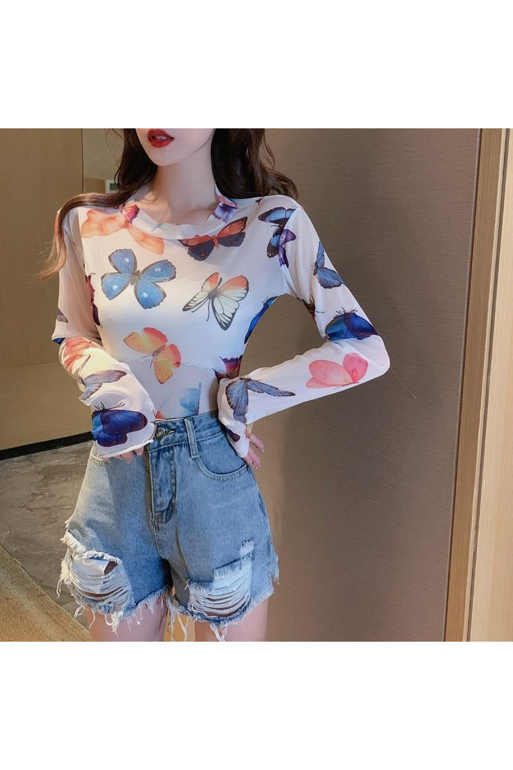 Y2k Aesthetic Butterfly Mesh Crop Top