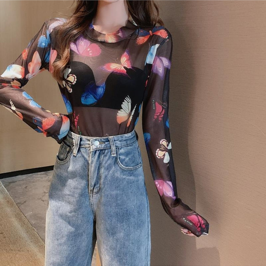 Y2k Aesthetic Butterfly Mesh Crop Top