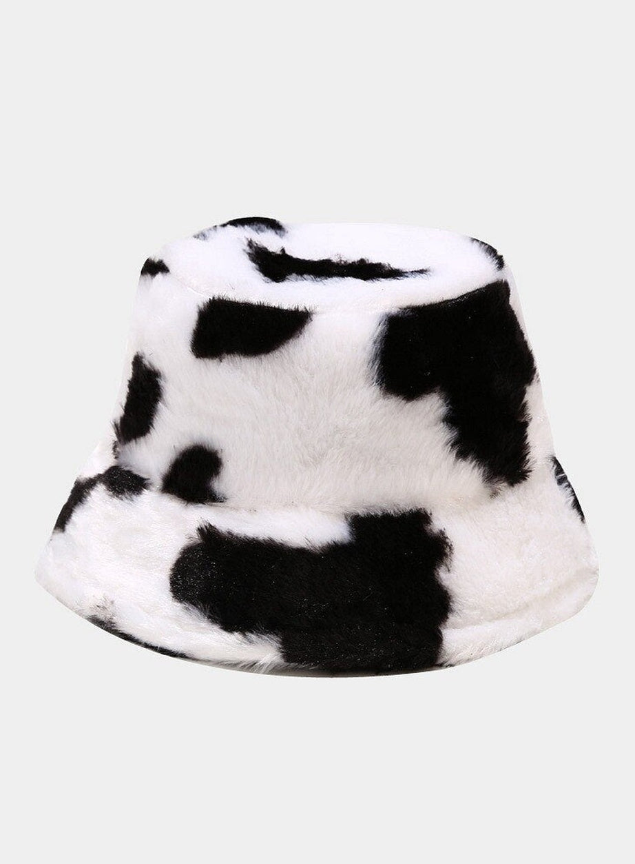 Y2k Aesthetic Cow Print Plush Bucket Hat