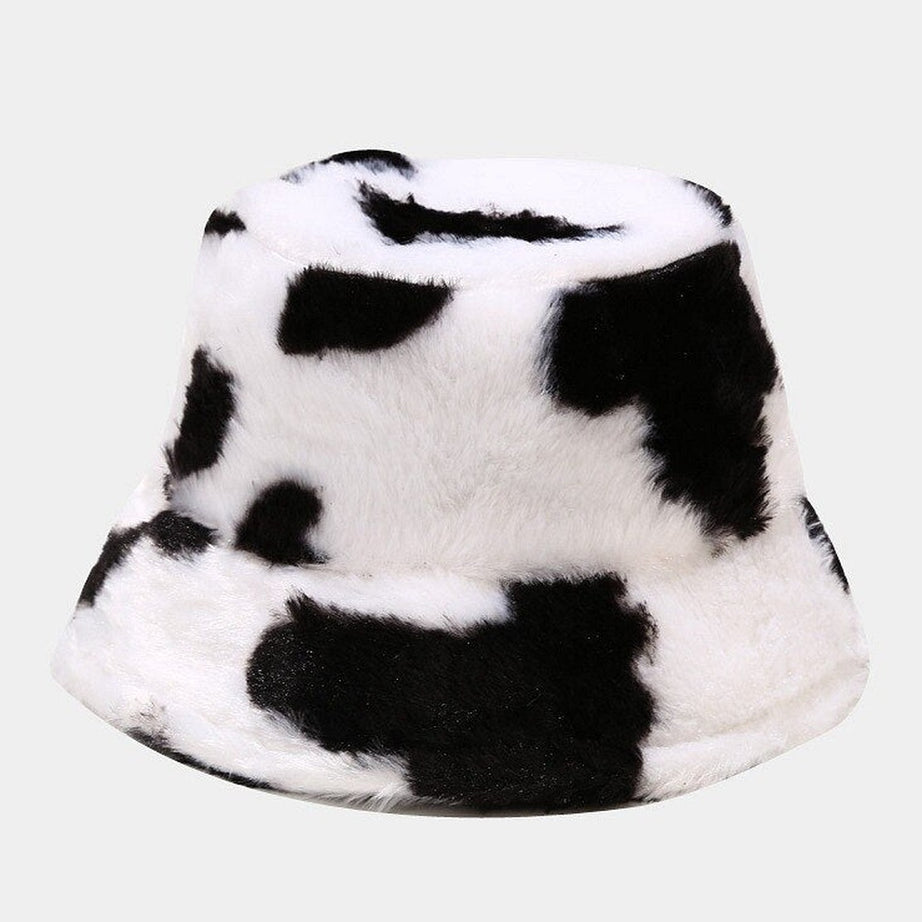 Y2k Aesthetic Cow Print Plush Bucket Hat