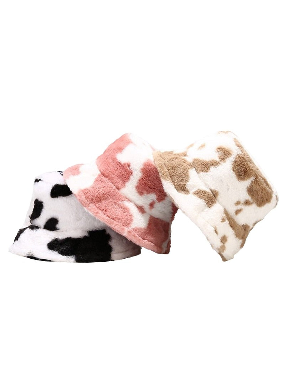 Y2k Aesthetic Cow Print Plush Bucket Hat