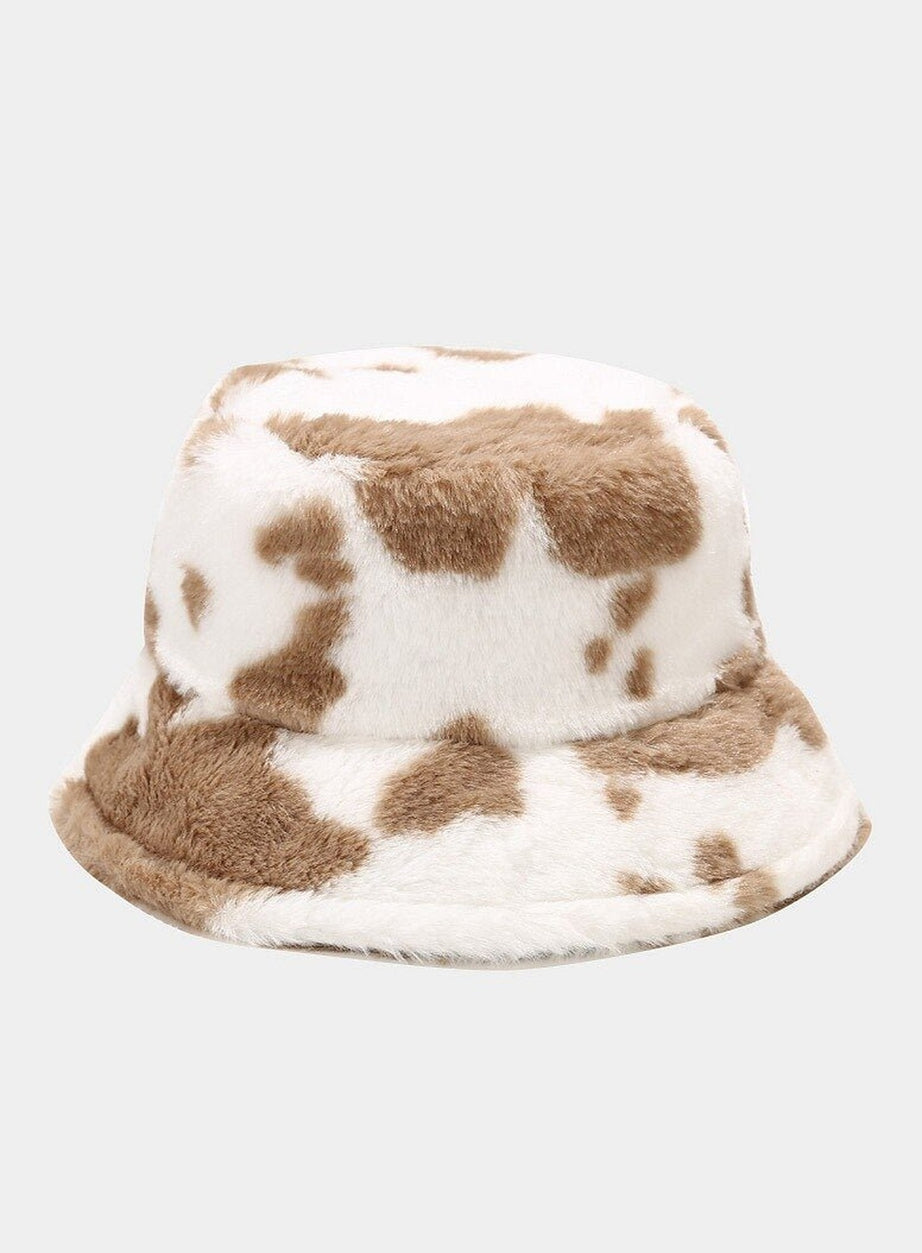 Y2k Aesthetic Cow Print Plush Bucket Hat