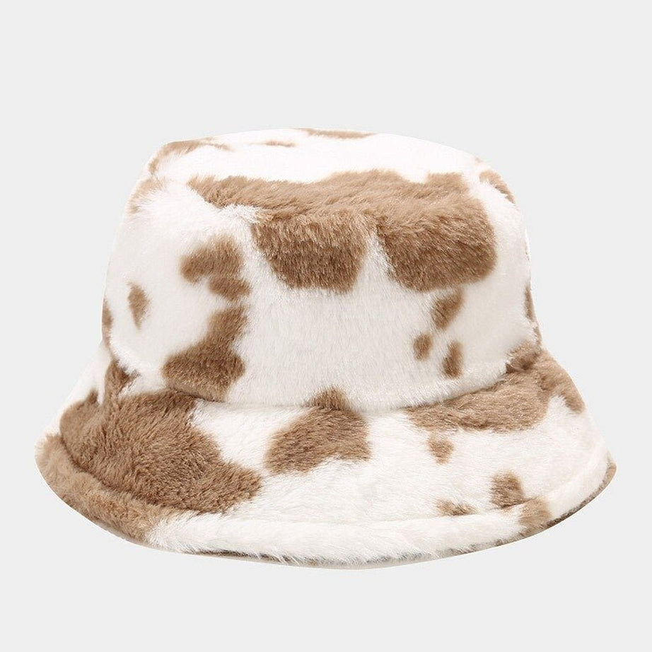Y2k Aesthetic Cow Print Plush Bucket Hat