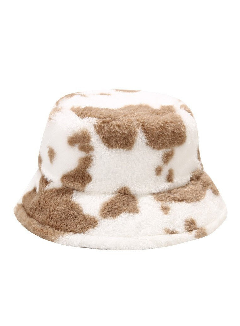 Y2k Aesthetic Cow Print Plush Bucket Hat